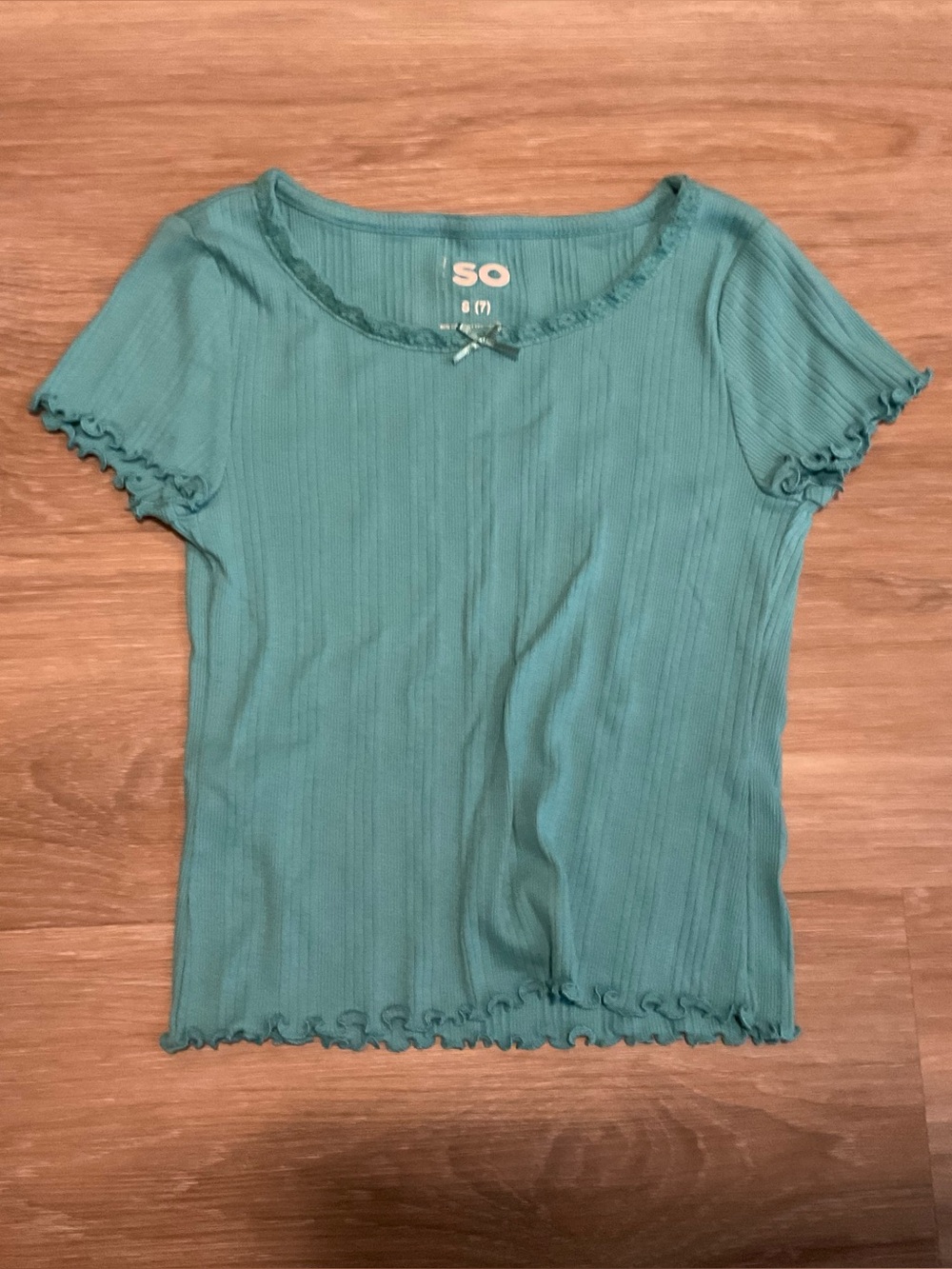 SO Teal Ribbed Lettuce-Edge Short Sleeve Top